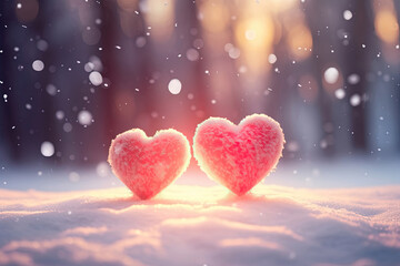 Two Pink Hearts Made with Snow on Winter Landscape Sunset Background. Perfect for Valentine's Day, New Year, Christmas, Birthday Celebrations