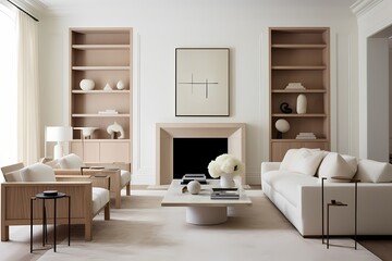 Fototapeta na wymiar Modern classic minimalist living room with clean lines, neutral tones, and a carefully curated selection of furniture