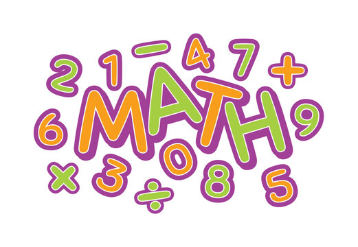 four operation symbols, math word and numbers. orange and green math concept