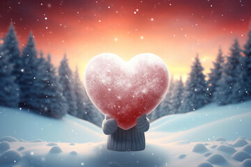 Snow Heart Standing on Colorful Winter Landscape Sunset - Perfect for Happy New Year, Christmas, Valentine's Day, Winter, Snowfall, I Love You Card, Banner