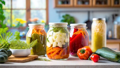 Einmachgläser mit verschiedenem Gemüse auf Holztisch in einer hellen Küche 