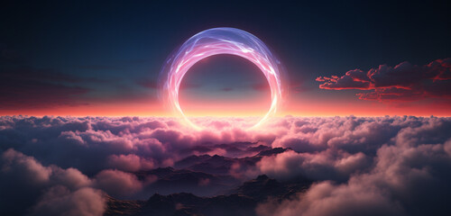 A stunning visual emerges as a neon light ring surrounds an abstract 3D-rendered cloud against the mystical night sky.
