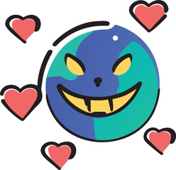 vampire fangs forming a heart shape, accompanied by bats and a full moon, icon doodle offset fill