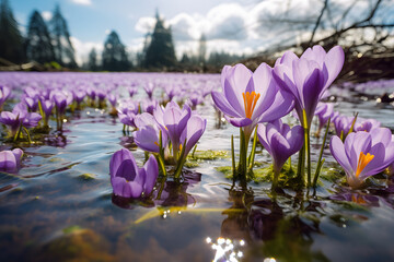 Climate change concept with crocus spring flowers drowning in flood