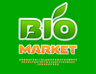 Vector eco signboard Bio Market with decorative Leaf. Modern Stylish Font. Sticker style Alphabet Letters and Numbers.