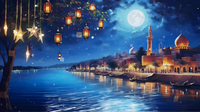 Ramadan lanterns illuminate the night with the mosque across the lake. Seamless Animation 4K Video Background.