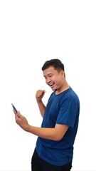 indonesian man happy getting to the something, Cheerful happy young man posing isolated on white background. Expression of asian man victory