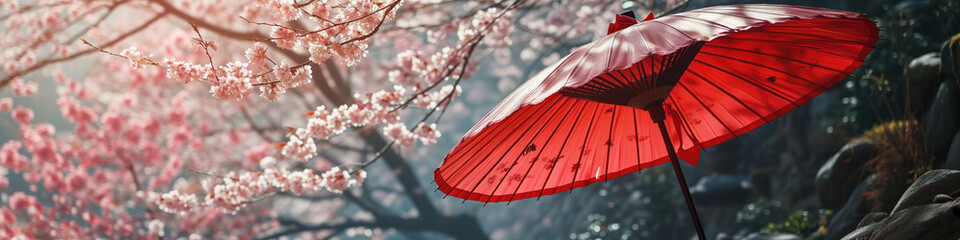 japanese umbrella and cherry blossoms  - obrazy, fototapety, plakaty