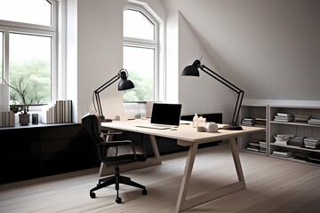 Modern classic minimalist workspace with a stylish desk, ergonomic chair, and a clean, uncluttered environment for optimal productivity