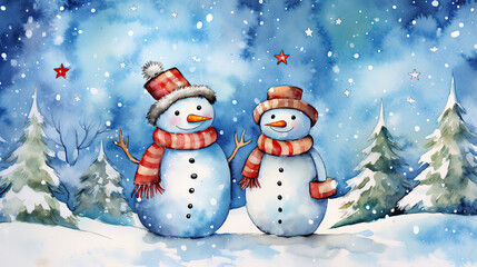 Watercolor painting of  snowman with snow falling and Christmass trees on a background