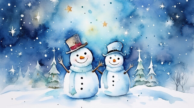 Watercolor painting of  snowman with snow falling and Christmass trees on a background