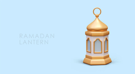 Placard with Ramadan lantern with blue background and place for text. Religious elements for celebrating Ramadan concept. Vector illustration in 3d style