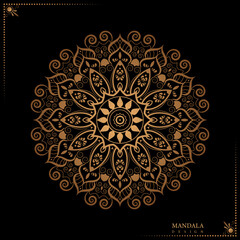 Luxury mandala design template in gold with black color background, coloring book pattern in mandala style for mehndi, tattoo, mehndi, decorative ornaments in ethnic oriental style
