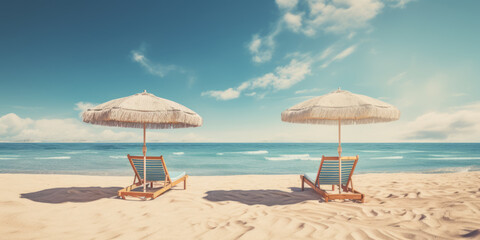 Sea beach wide background with wooden sun loungers and parasol on the sand