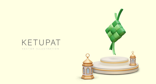 Realistic traditional element of food. Green ketupat on stage, realistic lanterns. Celebrating Ramadan concept. Vector illustration in 3d style with yellow background and place for text