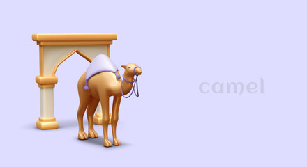 Dromedary near Arabian Golden Arch. Color banner with place for text. Transportation to mosque. Services of carrier in Arab country. Excursions, camel trips