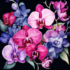 Painting of Vibrant Purple and Pink Flowers on a Dark Canvas