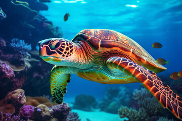 Fototapeta na wymiar Image of a sea turtle swimming in the sea.
