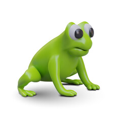 3D green frog in plasticine style. Funny character. Vector toad, side view. Toy amphibian with big eyes. Water animal. Isolated illustration with shadow