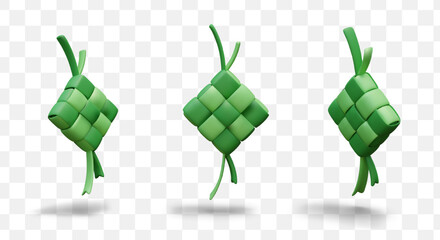 Festive dish, ketupat in organic green packaging. Eco concept of Islamic cuisine. Set of realistic models. Traditional rice dish. Isolated templates for web design