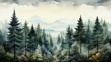 Beautiful nature watercolor picture of pine trees. - obrazy, fototapety, plakaty