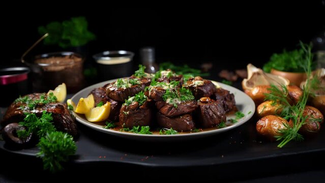 Thin and crispy honey garlic pork chops cooked in a Chinese restaurant, on a handmade plate