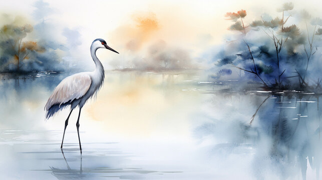 Watercolor picture of a crane.