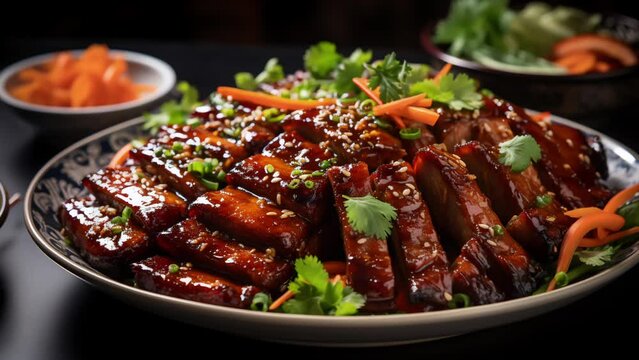 Thin and crispy honey garlic pork chops cooked in a Chinese restaurant, on a handmade plate