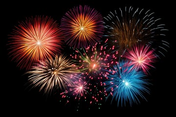 Naklejka premium closeup view of very beautiful fireworks isolated on a black background for overlay
