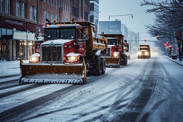 During snowfall, large dump trucks and snowplows operate on city roads