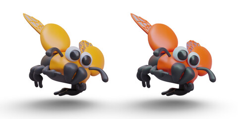 Scarab with spread wings. Vector 3D beetle in flight. Funny insect with goggling eyes, front view. Set of options in different colors. Cute isolated models