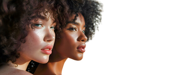 Obraz premium Close up young beautiful woman with dark skinned female with Afro haircut, on white background 