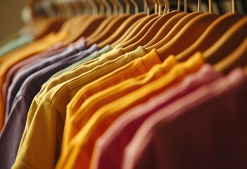 Neatly arranged wooden hangers display vibrant t-shirts in a brightly lit shop. Multiple colors, textures, and detailed composition make this stock image highly relevant for fashion retail
