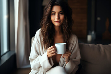 woman wearing bah robe and drinking coffee at morning