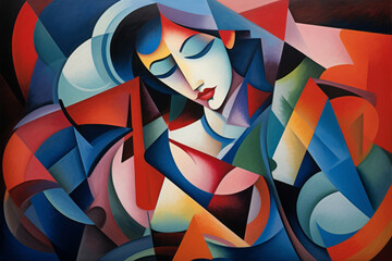 Abstract multicolored woman face in an abstract cubist or cubism style painting