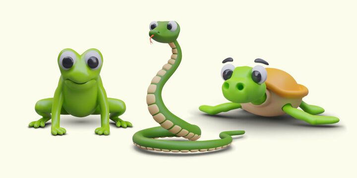 Class of amphibians. Frog, turtle, snake. Green vector animals that can live on land and in water. 3D images for zoology lesson in kindergarten, primary school. Set of cute toy creatures