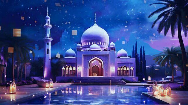 beautiful mosque at night with beautiful panorama, eid mubarak, ramadan kareem. Seamless Animation 4K Video Background.