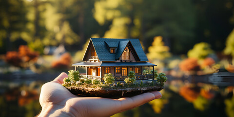 Concept of buying or building new home. Male hand showing, offering a new dream house at the empty field with copy space