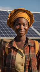 Proud african woman in traditional clothes posing in front of solar panels tha t deliver power for farming, education and further jobs