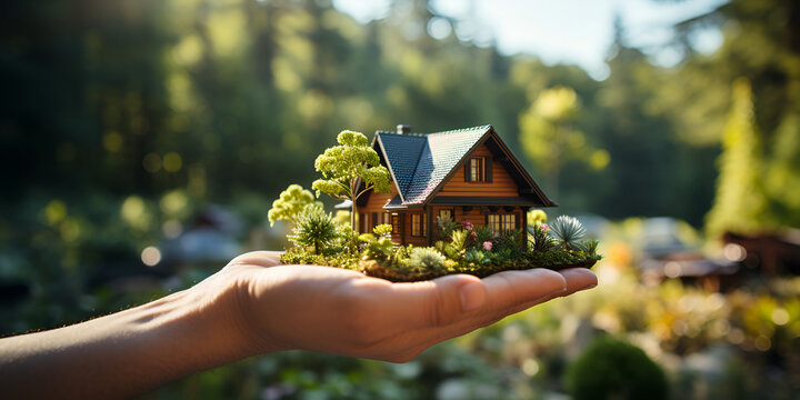 Concept of buying or building new home. Male hand showing, offering a new dream house at the empty field with copy space