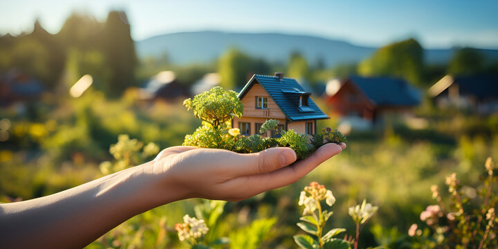 Concept of buying or building new home. Male hand showing, offering a new dream house at the empty field with copy space