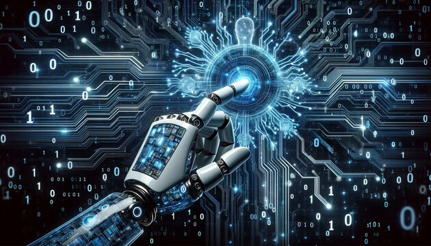  A futuristic and conceptual depiction of artificial intelligence and big data. The image features the hand of a robot reaching out and touching. Created by using generative AI tools