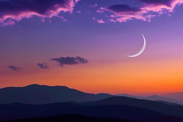 A serene twilight sky cradles a slender crescent moon