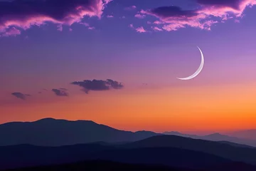 Keuken foto achterwand Cradle Mountain A serene twilight sky cradles a slender crescent moon