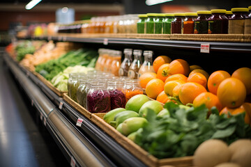 A grocery store aisle with labels indicating healthy alternatives - obrazy, fototapety, plakaty