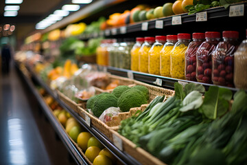 A grocery store aisle with labels indicating healthy alternatives - obrazy, fototapety, plakaty