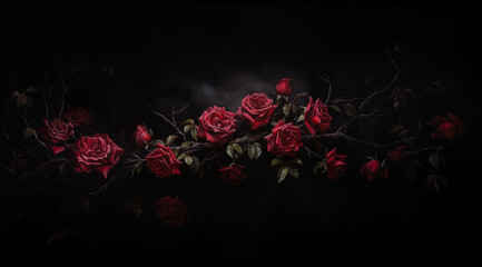 oil painting of a wine red roses on abstract black background