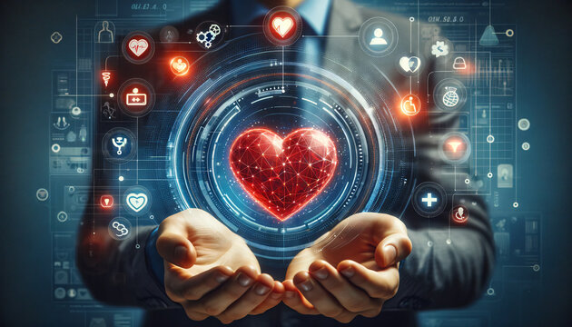 A conceptually rich and futuristic depiction of a red heart shape in hand, surrounded by icons representing a medical network connection. Created by using generative AI tools