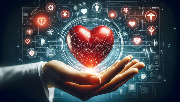 A conceptually rich and futuristic depiction of a red heart shape in hand, surrounded by icons representing a medical network connection. Created by using generative AI tools