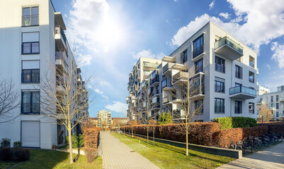 Cityscape of a residential area with modern apartment buildings, new sustainable urban landscape in the city - 701059577